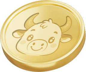 A gold coin with moonbull's face on it